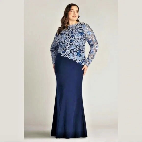 Tadashi Shoji Dresses & Skirts - Tadashi Shoji Too Pacific Blue Embroidered Floral Lace Crepe Gown 24Q (3X) NWT